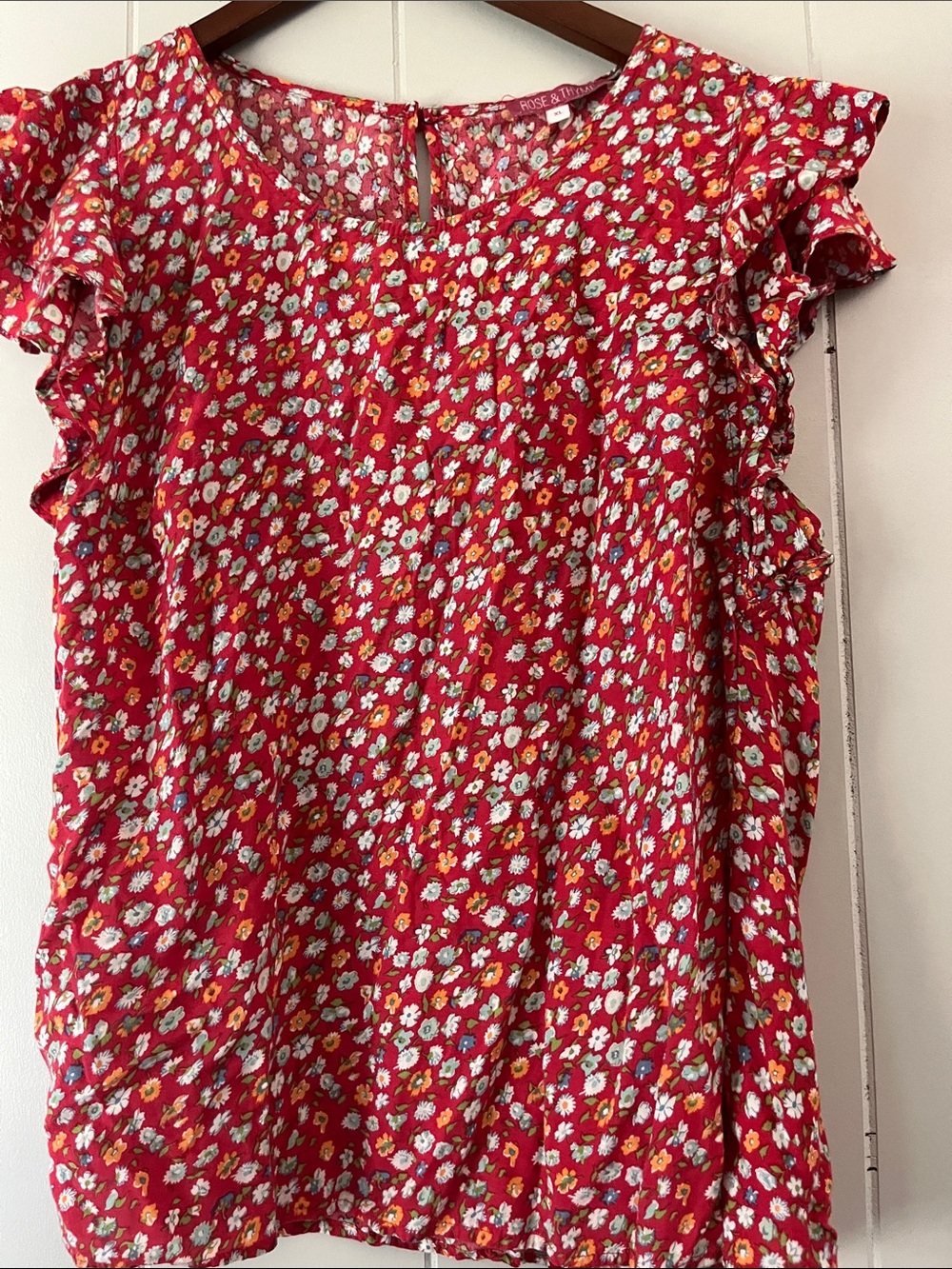 Red Floral Ruffle Sleeve Women’s Top - Picture 5 of 9